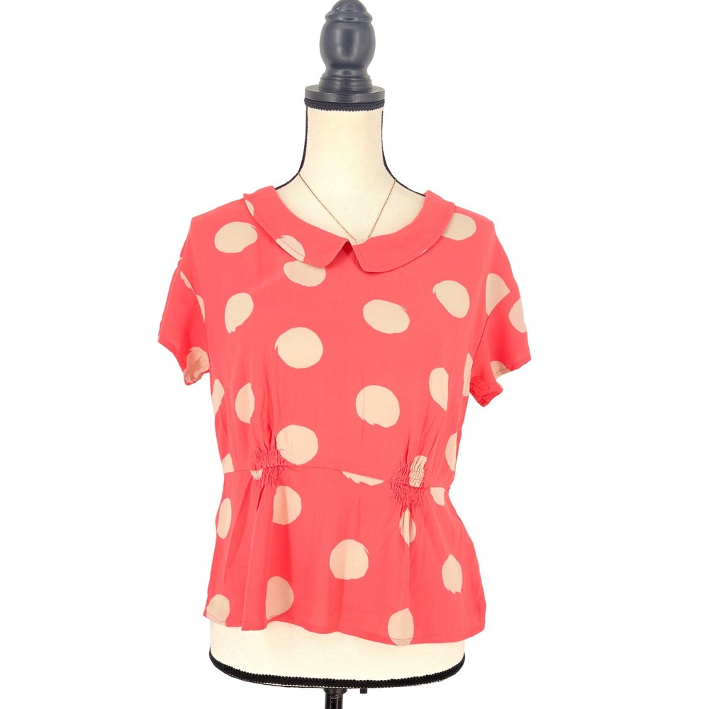 Boden Blouse Womens Coral Polka Dot Peter Pan Collar Peplum Top Cute Size 6‎